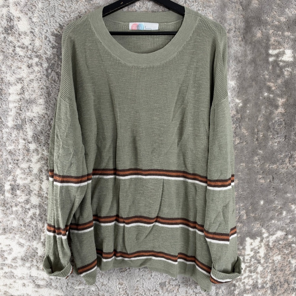 FP Beach Sz L Striped Ribbed Oversized Pullover Sweater Green Long Sleeve Women